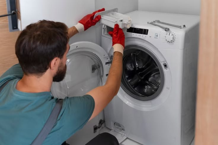 Illustration of a technician checking a washing machine component